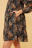 HY6338 Black Womens Floral Print Ruffle Shoulder Long Sleeve Dress Detail