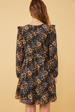 HY6338 Black Womens Floral Print Ruffle Shoulder Long Sleeve Dress Back