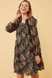 HY6338 Black Womens Floral Print Ruffle Shoulder Long Sleeve Dress Pose