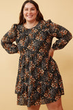 HY6338W BLACK Plus Floral Print Ruffle Shoulder Long Sleeve Dress Pose