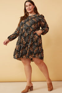 HY6338W BLACK Plus Floral Print Ruffle Shoulder Long Sleeve Dress Pose