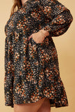 HY6338W BLACK Plus Floral Print Ruffle Shoulder Long Sleeve Dress Full Body