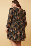 HY6338W BLACK Plus Floral Print Ruffle Shoulder Long Sleeve Dress Side