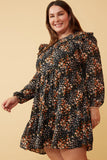 HY6338W BLACK Plus Floral Print Ruffle Shoulder Long Sleeve Dress Back