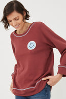 HY6339 Olive Womens Contrast Stitch Smiley Patch French Terry Sweatshirt Detail
