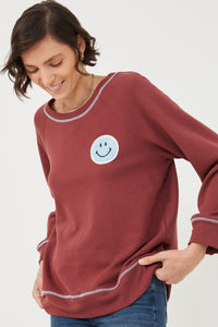 HY6339 Olive Womens Contrast Stitch Smiley Patch French Terry Sweatshirt Detail