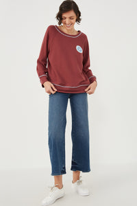 HY6339 Maroon Womens Contrast Stitch Smiley Patch French Terry Sweatshirt Front