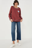HY6339 Maroon Womens Contrast Stitch Smiley Patch French Terry Sweatshirt Front