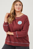 HY6339W Maroon Plus Contrast Stitch Smiley Patch French Terry Sweatshirt Front