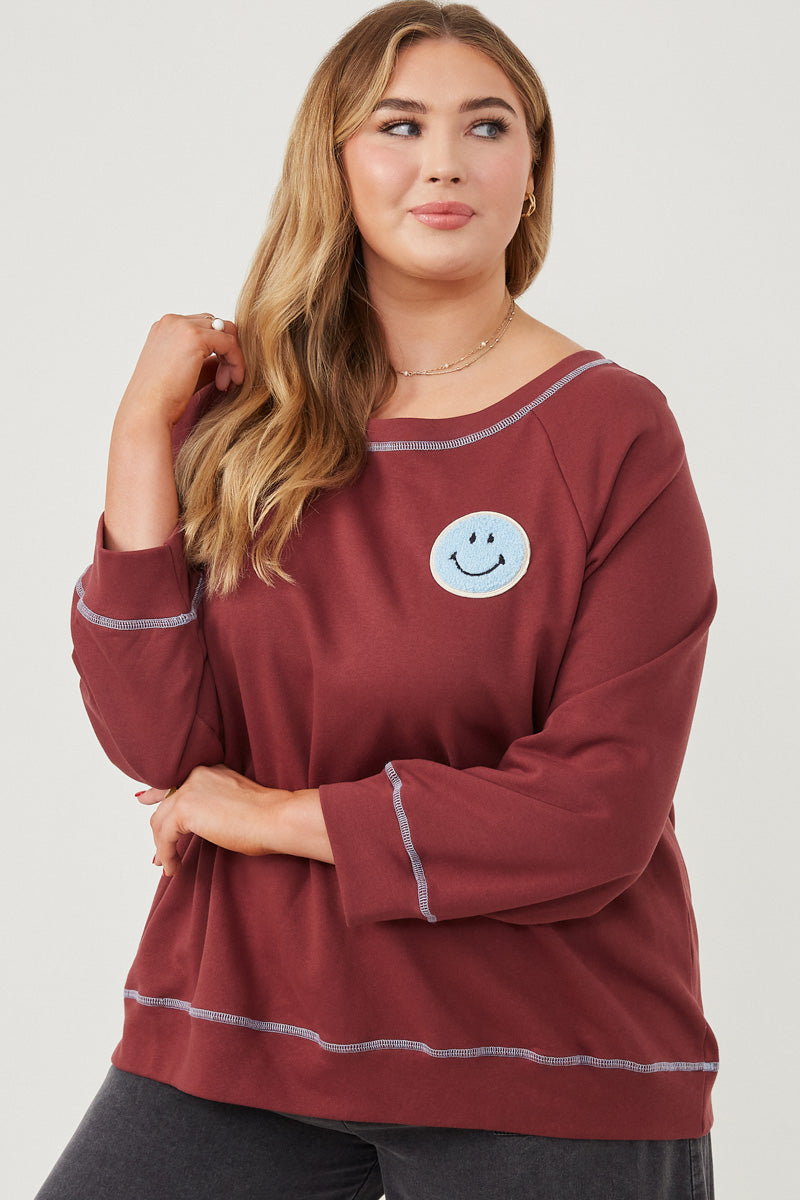 Contrast Stitch Smiley Patch French Terry Sweatshirt