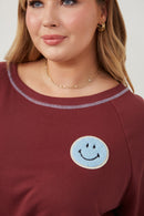 HY6339 Maroon Womens Contrast Stitch Smiley Patch French Terry Sweatshirt Gif