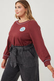 HY6339 Maroon Womens Contrast Stitch Smiley Patch French Terry Sweatshirt Pose