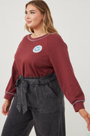 HY6339 Maroon Womens Contrast Stitch Smiley Patch French Terry Sweatshirt Pose