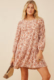HY6360W Taupe Plus Antique Floral Print Drop Waist Knit Dress Front