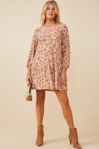 HY6360 Taupe Womens Antique Floral Print Drop Waist Knit Dress Full Body