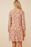 HY6360 Taupe Womens Antique Floral Print Drop Waist Knit Dress Back