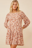 HY6360 Taupe Womens Antique Floral Print Drop Waist Knit Dress Front 2