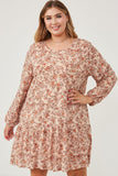 HY6360 Taupe Womens Antique Floral Print Drop Waist Knit Dress Front