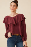 HY6361 Maroon Womens Exaggerated Ruffled V Neck Puff Sleeve Top Front