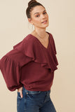 HY6361 Maroon Womens Exaggerated Ruffled V Neck Puff Sleeve Top Full Body