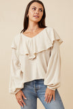 HY6361 OLIVE Womens Exaggerated Ruffled V Neck Puff Sleeve Top Pose