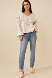 HY6361 OLIVE Womens Exaggerated Ruffled V Neck Puff Sleeve Top Front