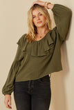 HY6361 Oatmeal Womens Exaggerated Ruffled V Neck Puff Sleeve Top Front