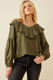 HY6361 Oatmeal Womens Exaggerated Ruffled V Neck Puff Sleeve Top Gif