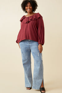 HY6361 Maroon Womens Exaggerated Ruffled V Neck Puff Sleeve Top Side