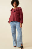 HY6361 Maroon Womens Exaggerated Ruffled V Neck Puff Sleeve Top Side