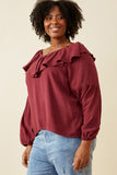 HY6361 Maroon Womens Exaggerated Ruffled V Neck Puff Sleeve Top Back