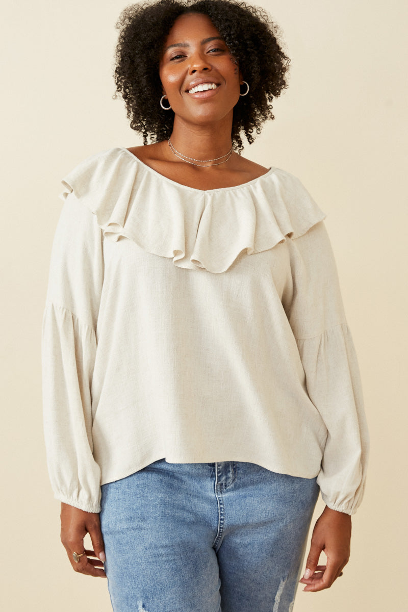 Exaggerated Ruffled V Neck Puff Sleeve Top