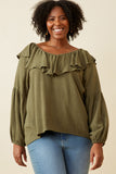 HY6361 OLIVE Womens Exaggerated Ruffled V Neck Puff Sleeve Top Full body