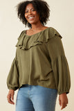HY6361 Oatmeal Womens Exaggerated Ruffled V Neck Puff Sleeve Top Side