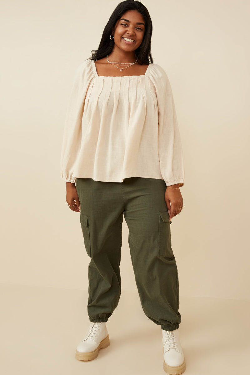 HY6368 Taupe Womens Square Neck Box Pleat Detail Top Front