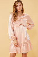HY6371 BLUSH Womens Iridescent Ruffled Sweetheart Neck Dress Front