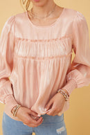 HY6372W Blush Womens Iridescent Ruffled Smock Cuff Top Full Body
