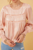 HY6372W Blush Womens Iridescent Ruffled Smock Cuff Top Full Body