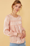HY6372W Blush Womens Iridescent Ruffled Smock Cuff Top Back