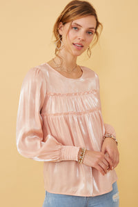 HY6372W Blush Womens Iridescent Ruffled Smock Cuff Top Back