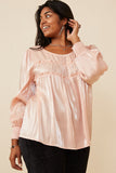 HY6372 Blush Womens Iridescent Ruffled Smock Cuff Top Detail