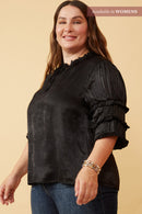 HY6374W BLACK Plus Crushed Satin Pleated Sleeve Ruffled Top Front