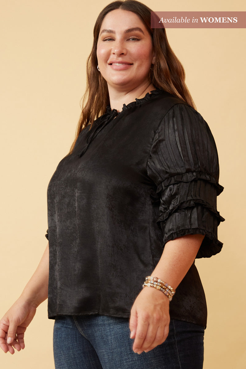 HY6374W BLACK Plus Crushed Satin Pleated Sleeve Ruffled Top Front