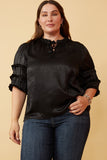 Crushed Satin Pleated Sleeve Ruffled Top