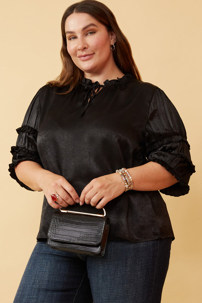Crushed Satin Pleated Sleeve Ruffled Top