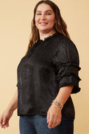 HY6374 Pink Womens Crushed Satin Pleated Sleeve Ruffled Top Full Body