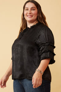 HY6374 Pink Womens Crushed Satin Pleated Sleeve Ruffled Top Full Body