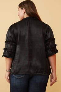 HY6374 Pink Womens Crushed Satin Pleated Sleeve Ruffled Top Side