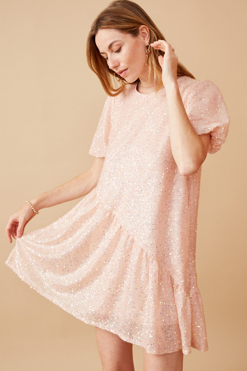 Sequined Asymmetric Hem Puff Sleeve Dress