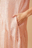 HY6388 Champagne Womens Sequined Asymmetric Hem Puff Sleeve Dress Detail